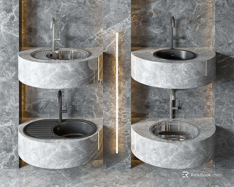 Luxury Modern Round Marble Kitchen Sink With Faucet And Countertop Design 3d model 