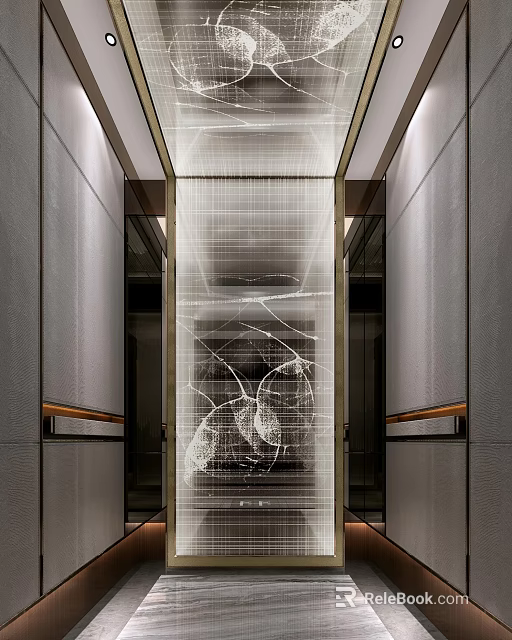 Modern Elevator Interior With Metal Texture Glass Decoration Abstract Pattern And Side Handrails Lighting 3d model