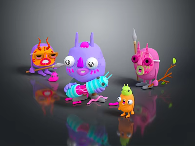 Cartoon Characters And Colorful Creatures With Horned Big Eyed Spear Wielding Leafy Caterpillar Features 3d model