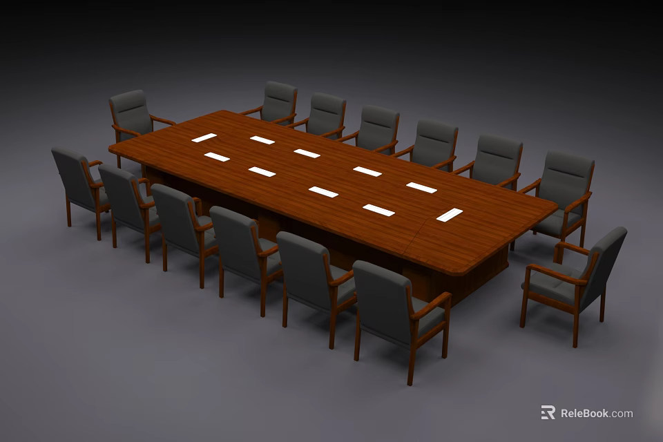 Wooden Conference Table with White Rectangular Items Surrounded by Multiple Chairs in Meeting Room 3d model 