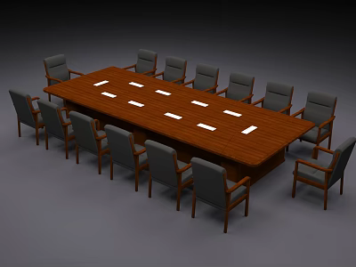 Wooden Conference Table with White Rectangular Items Surrounded by Multiple Chairs in Meeting Room 3d model