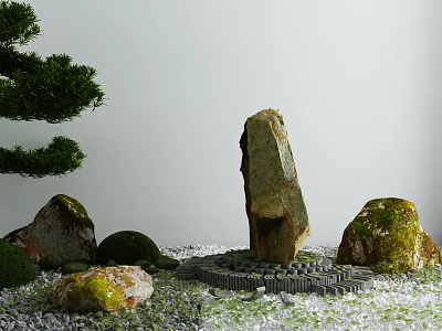 Garden Ornament With Tall Stone Surrounding Moss Covered Rocks And Pine Tree Branch 3d model