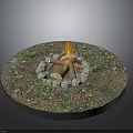 Outdoor Bonfire with Burning Wood Logs and Stone Circle Surrounded by Grass and Fallen Leaves