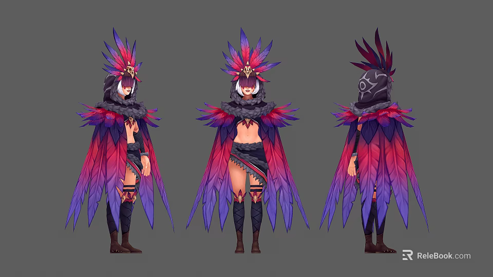 Woman in Fantasy Feathered Costume with Purple Pink Feathers and Ornate Headdress 3d model 