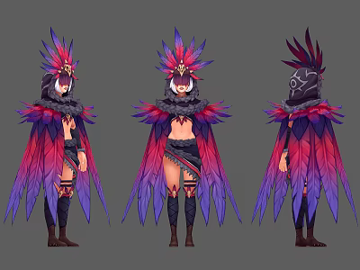Woman in Fantasy Feathered Costume with Purple Pink Feathers and Ornate Headdress 3d model