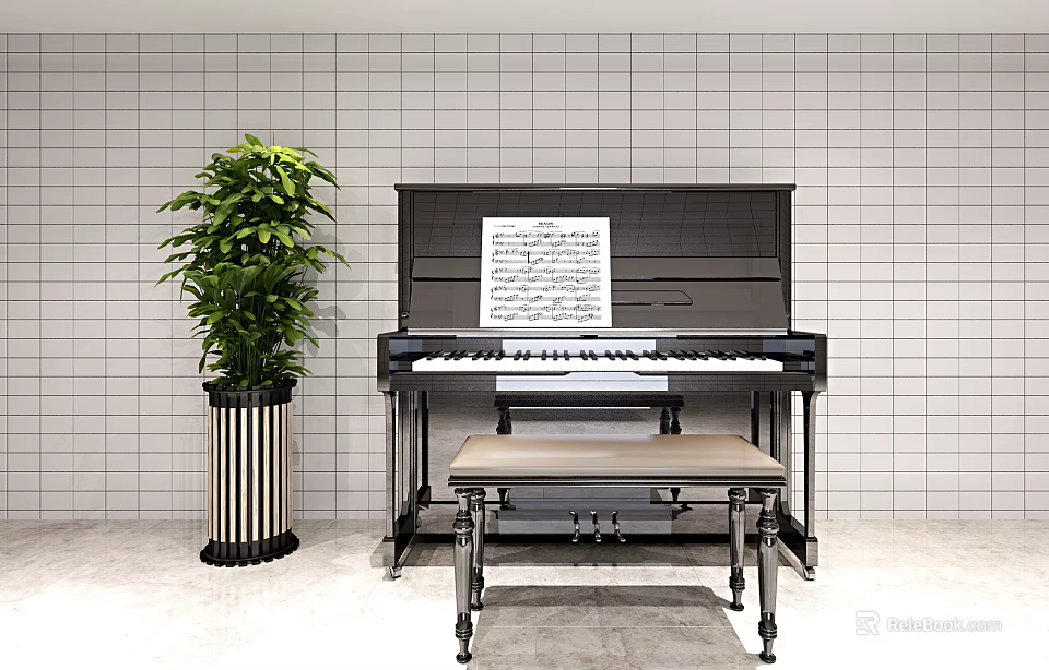 Classic Piano With Music Sheet Wooden Bench And Green Plant In Tile Wall Interior 3d model 