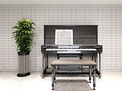 Classic Piano With Music Sheet Wooden Bench And Green Plant In Tile Wall Interior 3d model