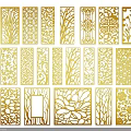 Gold Laser Cut Decorative Panels With Various Geometric And Floral Patterns On Black Background