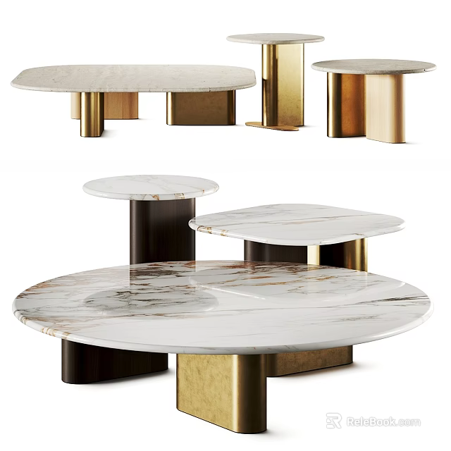 Elegant Round Coffee Table With Marble Top Gold And Dark Metal Bases Design 3d model 