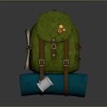 Green Backpack With Blue Rolled Mat Silver Cup And Hiking Travel Accessories