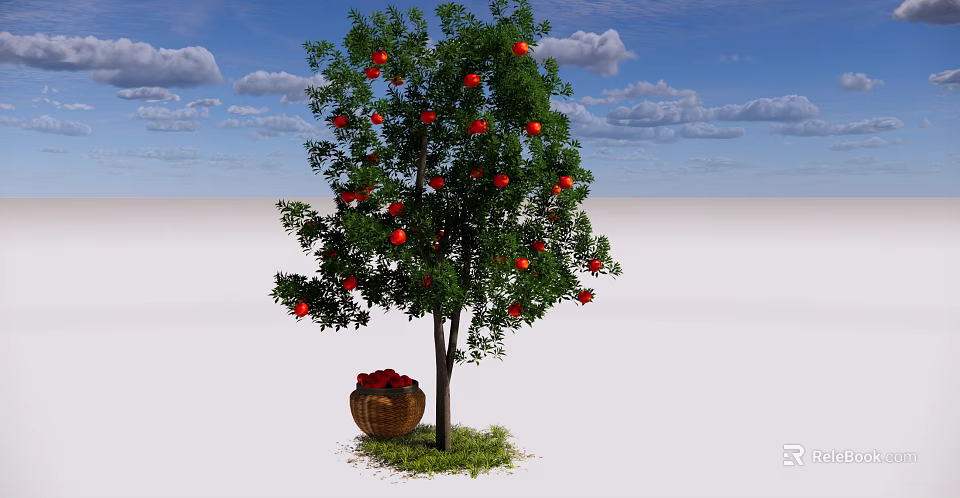 Tall Arbor Tree With Red Fruits Green Leaves And Basket Under Blue Sky 3d model 