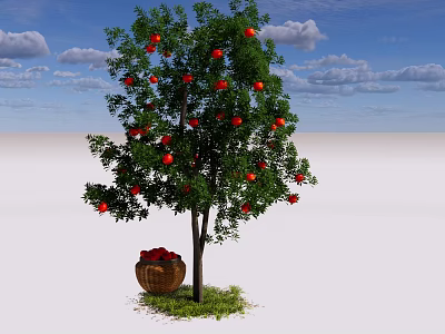 Tall Arbor Tree With Red Fruits Green Leaves And Basket Under Blue Sky 3d model