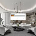 Modern Office Interior Design With White Sofas Accent Chairs Chandelier Bookshelves And Green Plant