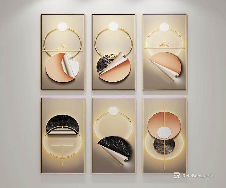 Modern Abstract Wall Art Paintings With Geometric Shapes And Gold Frames 3d model