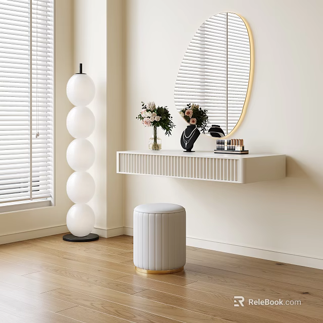 Modern Dressing Table with Round Gold Mirror Fresh Flowers White Stool and Floor Lamp 3d model 