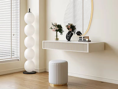 Modern Dressing Table with Round Gold Mirror Fresh Flowers White Stool and Floor Lamp 3d model