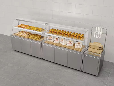 Display Cabinets With Glass Cover For Bread And Pastries On Metal Countertop 3d model