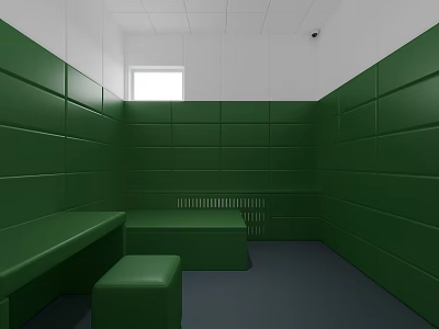 Green Walled Lounge Room With Bench Stool Window And Gray Floor 3d model