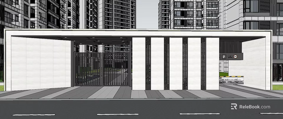 Modern Residential Entrance Design Featuring Metal Gate Perimeter Wall And High Rise Background 3d model 