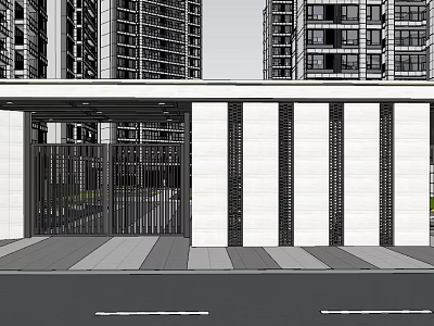Modern Residential Entrance Design Featuring Metal Gate Perimeter Wall And High Rise Background 3d model