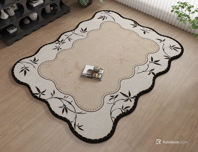Stylish Rug Featuring Black Leaf Pattern Scalloped Edge Beige Black Design On Wooden Floor 3d model 