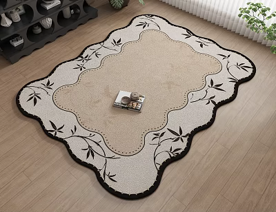 Stylish Rug Featuring Black Leaf Pattern Scalloped Edge Beige Black Design On Wooden Floor 3d model