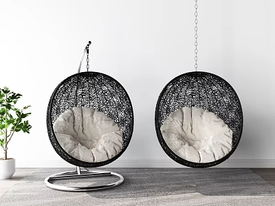 Black Round Rattan Hanging Chairs With White Cushions Stand And Suspended In Modern Room 3d model