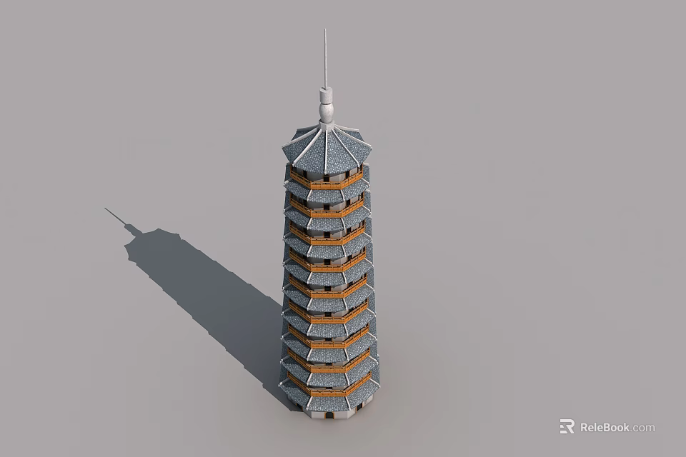 Traditional Multi Story Tower with Gray Roof Orange Decoration and Classic Swing Door Design 3d model 