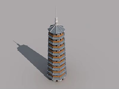 Traditional Multi Story Tower with Gray Roof Orange Decoration and Classic Swing Door Design 3d model