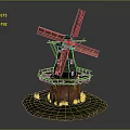 Detailed Wooden Windmill Model With White Blades Red Brick Base And Green Grass