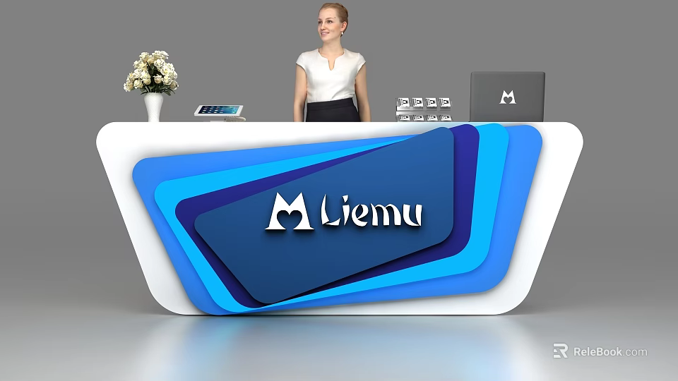 Modern Blue And White Reception Desk With Liemu Heart Logo Flower Vase Tablet Laptop 3d model 