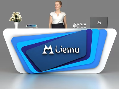 Modern Blue And White Reception Desk With Liemu Heart Logo Flower Vase Tablet Laptop 3d model