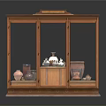 Wooden Display Cabinet With Glass Doors And Various Pottery Items