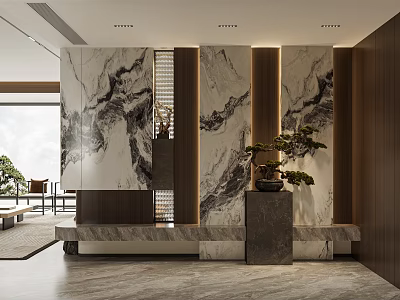 Modern Dining and Living Room Interior With Marble Wall Wooden Accents And Potted Plant 3d model