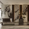 Modern Dining and Living Room Interior With Marble Wall Wooden Accents And Potted Plant