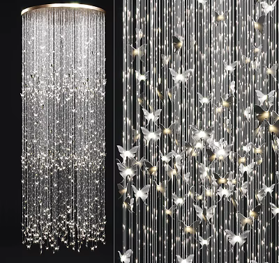 Elegant Crystal Chandelier With Hanging Pendants And Butterfly Decor For Interior Illumination 3d model
