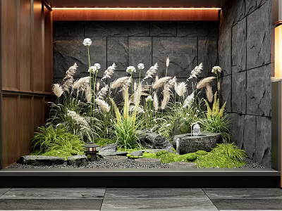 Natural Indoor Landscape Design With Stone Wall Reed Plants Small Water Feature And Soft Lighting 3d model