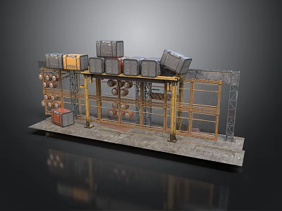 Industrial Equipment Storage Rack With Metal Frame Multiple Boxes And Round Items 3d model