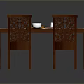 Wooden Dining Table With Four Carved Decorative Chairs And White Tabletop With Food Plates
