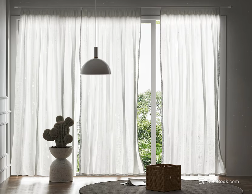 White Sheer Curtains With Modern Pendant Light And Cactus Plant In Sunlit Room 3d model 