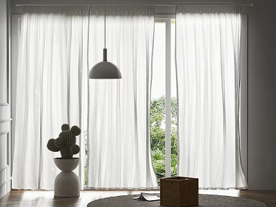 White Sheer Curtains With Modern Pendant Light And Cactus Plant In Sunlit Room 3d model