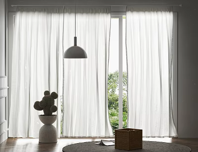 White Sheer Curtains With Modern Pendant Light And Cactus Plant In Sunlit Room 3d model