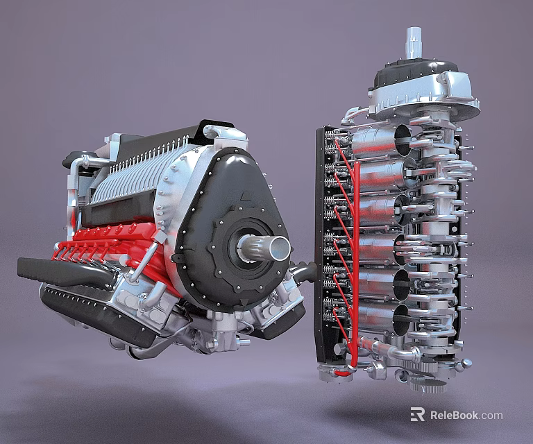 Detailed Automotive Engine Featuring Red Internal Components And Silver Metal Cylinders 3d model 