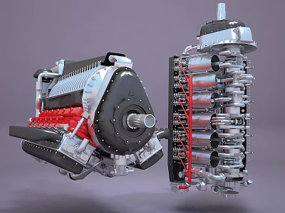 Detailed Automotive Engine Featuring Red Internal Components And Silver Metal Cylinders 3d model