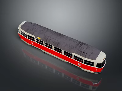 Red And White Bus Exterior With Gray Roof And Multiple Side Windows 3d model