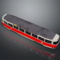 Red And White Bus Exterior With Gray Roof And Multiple Side Windows