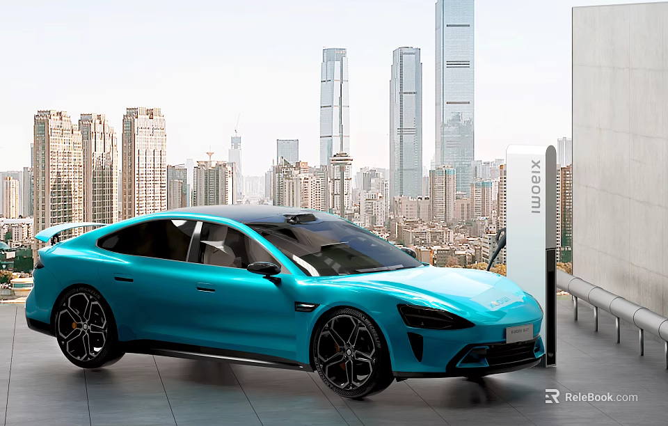 Blue Electric Sports Car Parked At Charging Station With Urban Skyline Background 3d model 