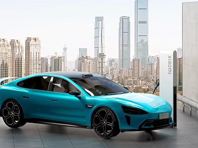 Blue Electric Sports Car Parked At Charging Station With Urban Skyline Background 3d model