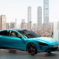 Blue Electric Sports Car Parked At Charging Station With Urban Skyline Background