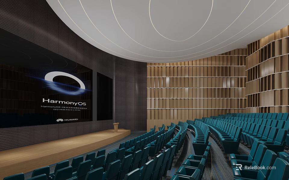 School Modern Auditorium With Large Screen Green Seats Wooden Wall And Curved Ceiling 3d model 